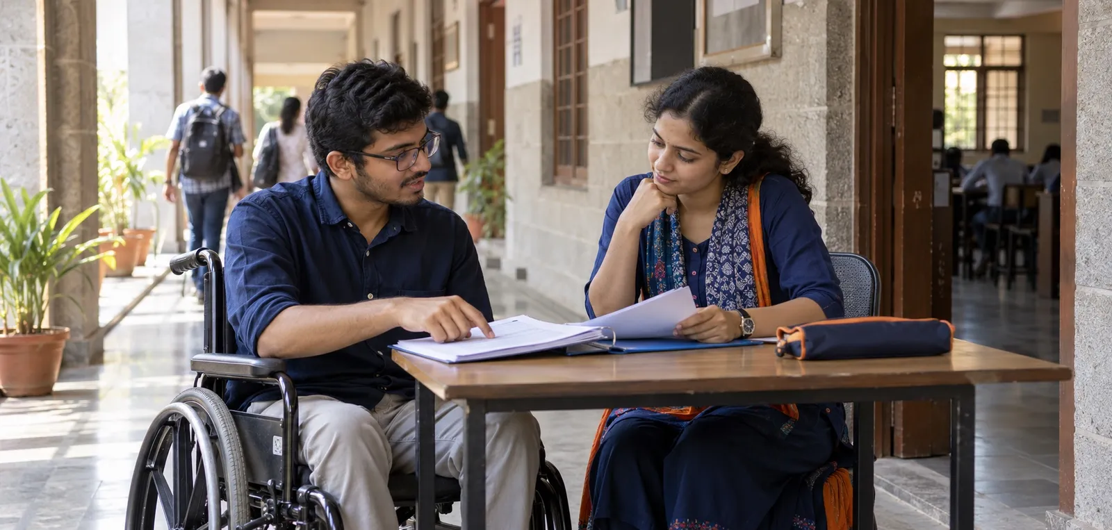 A student and volunteer reviewing exam-day papers together on a college campus.